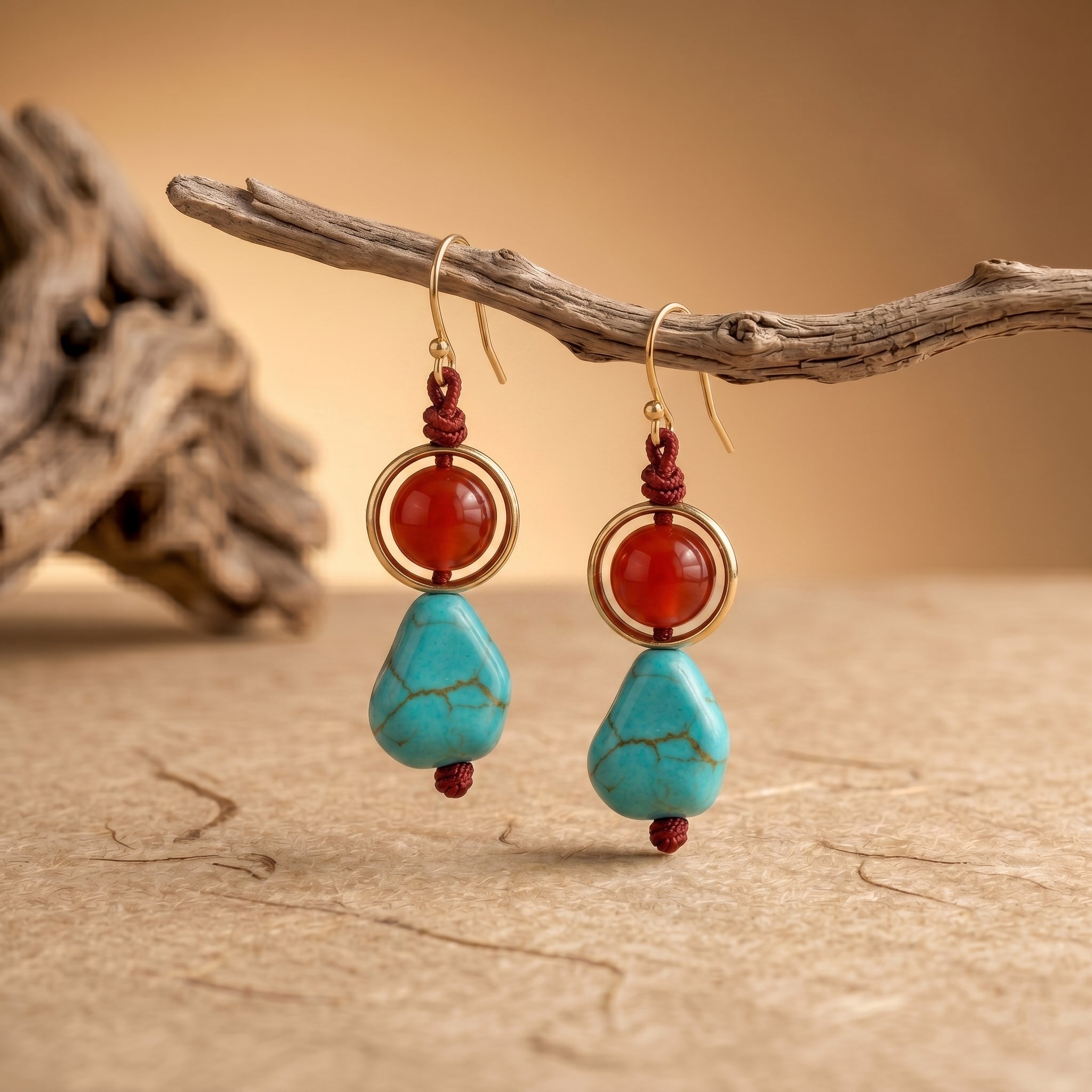 red agate and turquoise handmade earrings hanging on driftwood for courage and protection jewelry