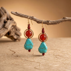 red agate and turquoise handmade earrings hanging on driftwood for courage and protection jewelry