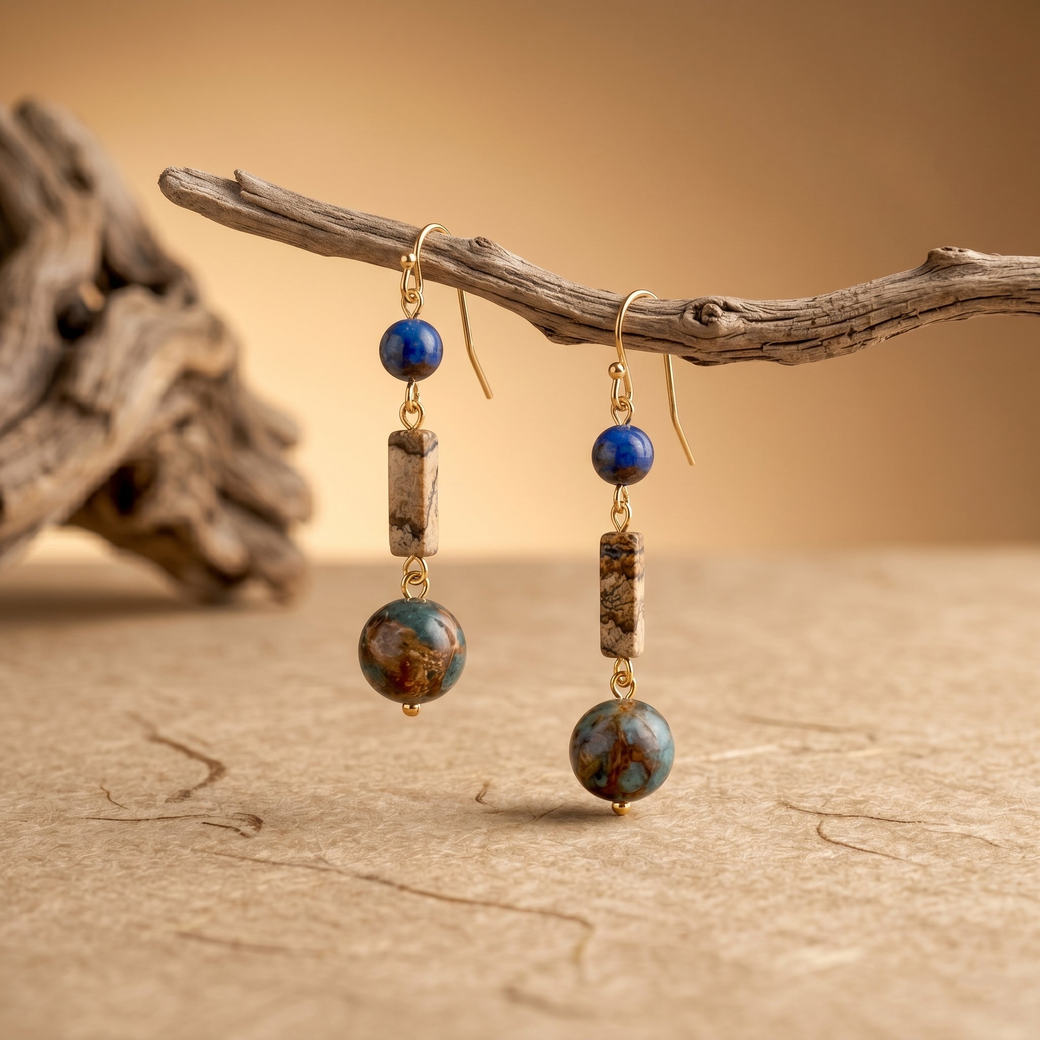 lapis lazuli handmade earrings hanging on driftwood for wisdom intuition and spiritual clarity