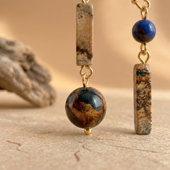close up of lapis lazuli handmade earrings with gold tone details for wisdom and inner vision jewelry