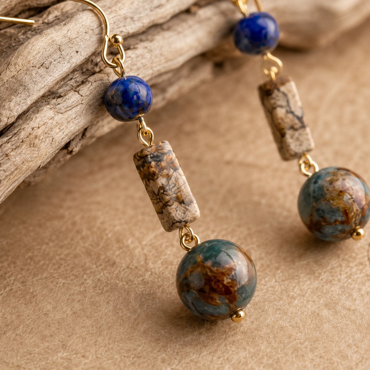 close up of lapis lazuli handmade drop earrings with copper hooks and natural stone texture