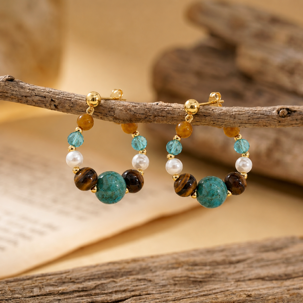 tiger eye and turquoise hoop earrings hanging on driftwood for confidence and free spirit style