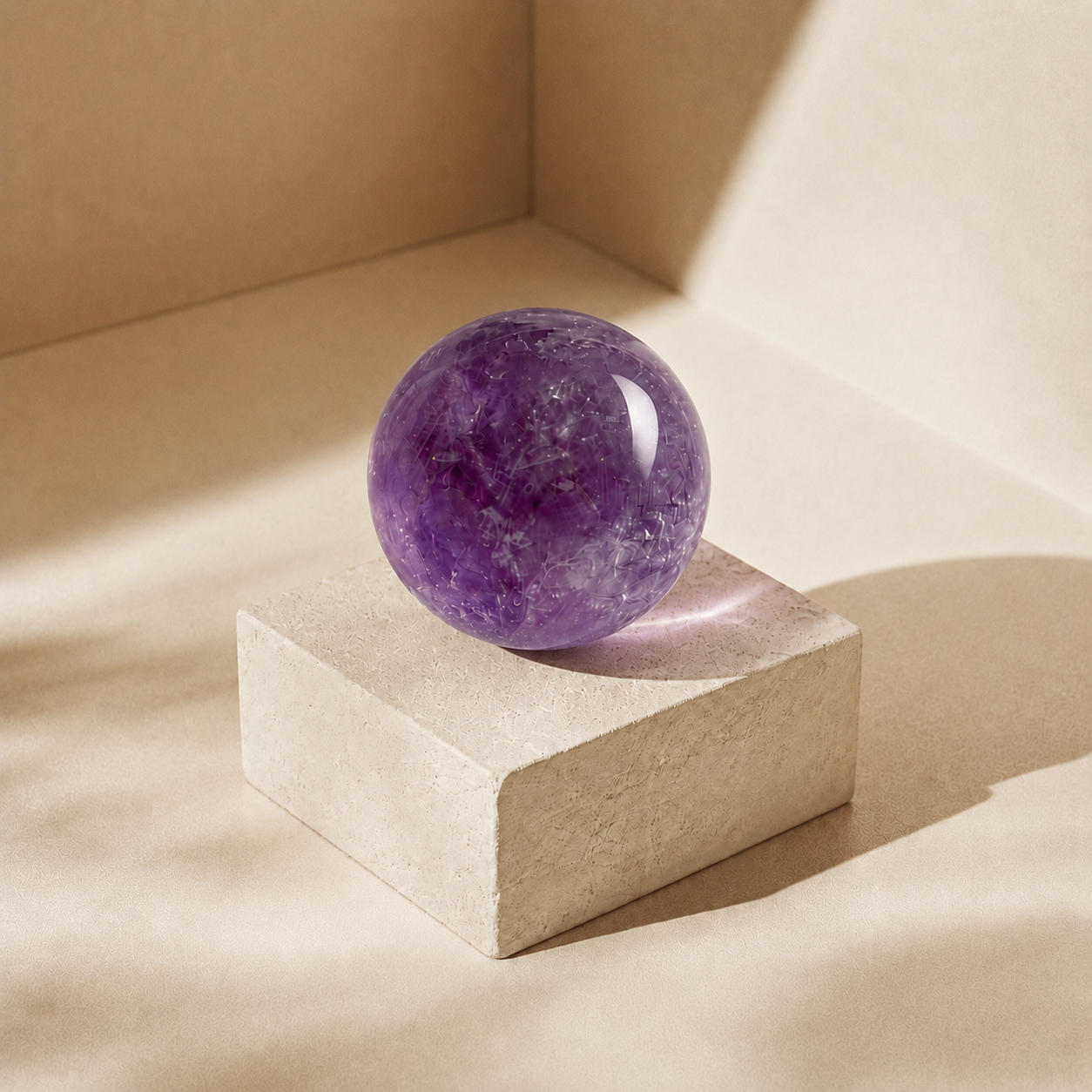 polished natural amethyst crystal sphere with glassy shine and cloud-like inner textures