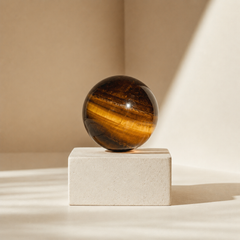 Polished Natural Tiger Eye Crystal Sphere with luminous golden bands, warm amber depth, and silky inner texture for meditation and spiritual decor.
