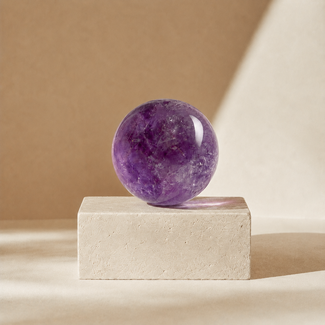 natural amethyst crystal sphere with rich purple depth on cream pedestal for calm spiritual decor