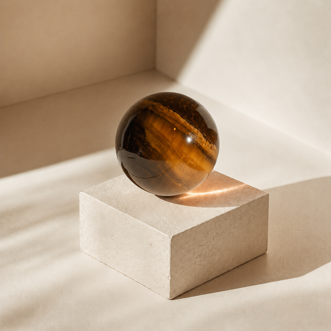 Natural Tiger Eye Crystal Sphere with golden-brown chatoyancy, silky banded textures, and warm amber glow on a cream display block.