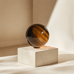 Polished Natural Tiger Eye Crystal Sphere with luminous golden bands and silky inner texture for protection confidence and meditation decor.