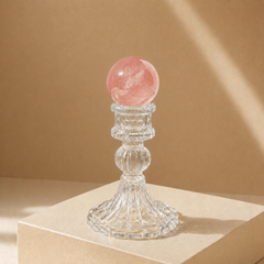 natural rose quartz crystal sphere on clear stand for love emotional healing and peaceful decor