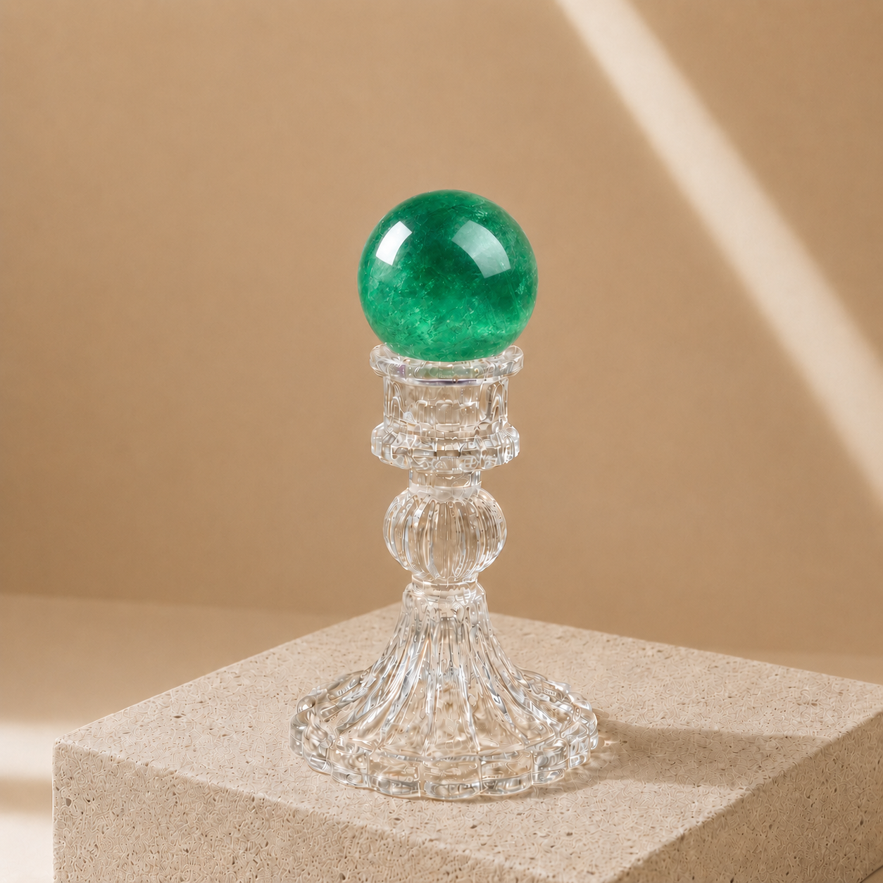 Natural Green Fluorite Crystal Sphere with translucent emerald-green clarity and cloud-like inner textures displayed on a clear crystal stand.
