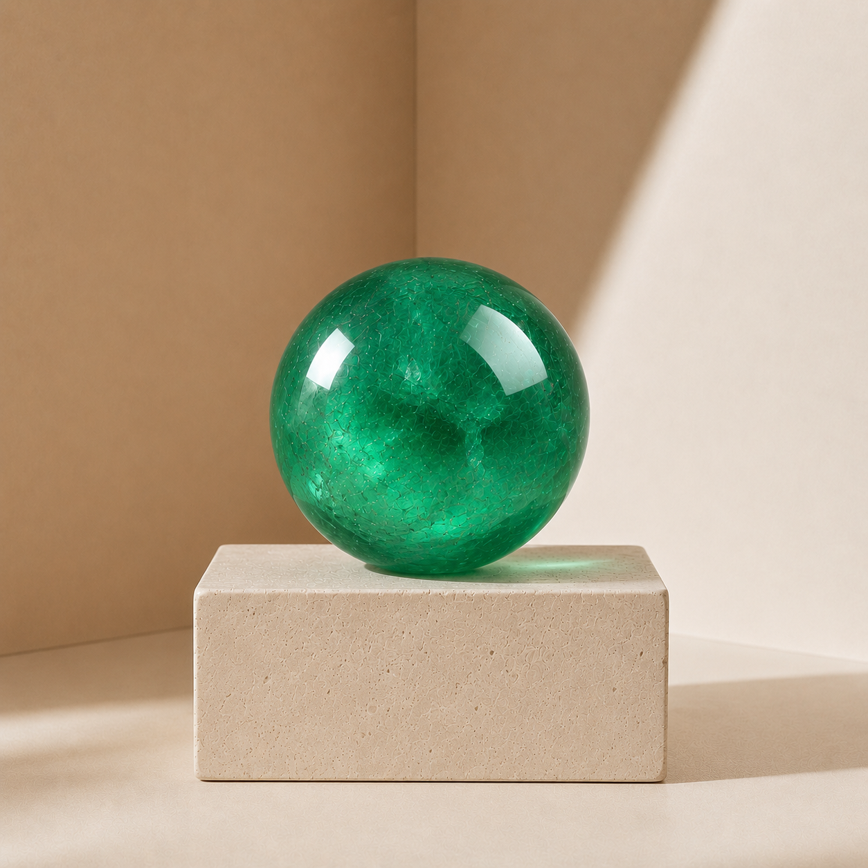 Polished Natural Green Fluorite Crystal Sphere with bright green transparency, natural inclusions, and soft inner textures on a cream display block.