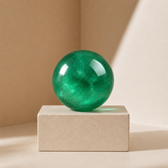 Polished Natural Green Fluorite Crystal Sphere with bright green transparency, natural inclusions, and soft inner textures on a cream display block.