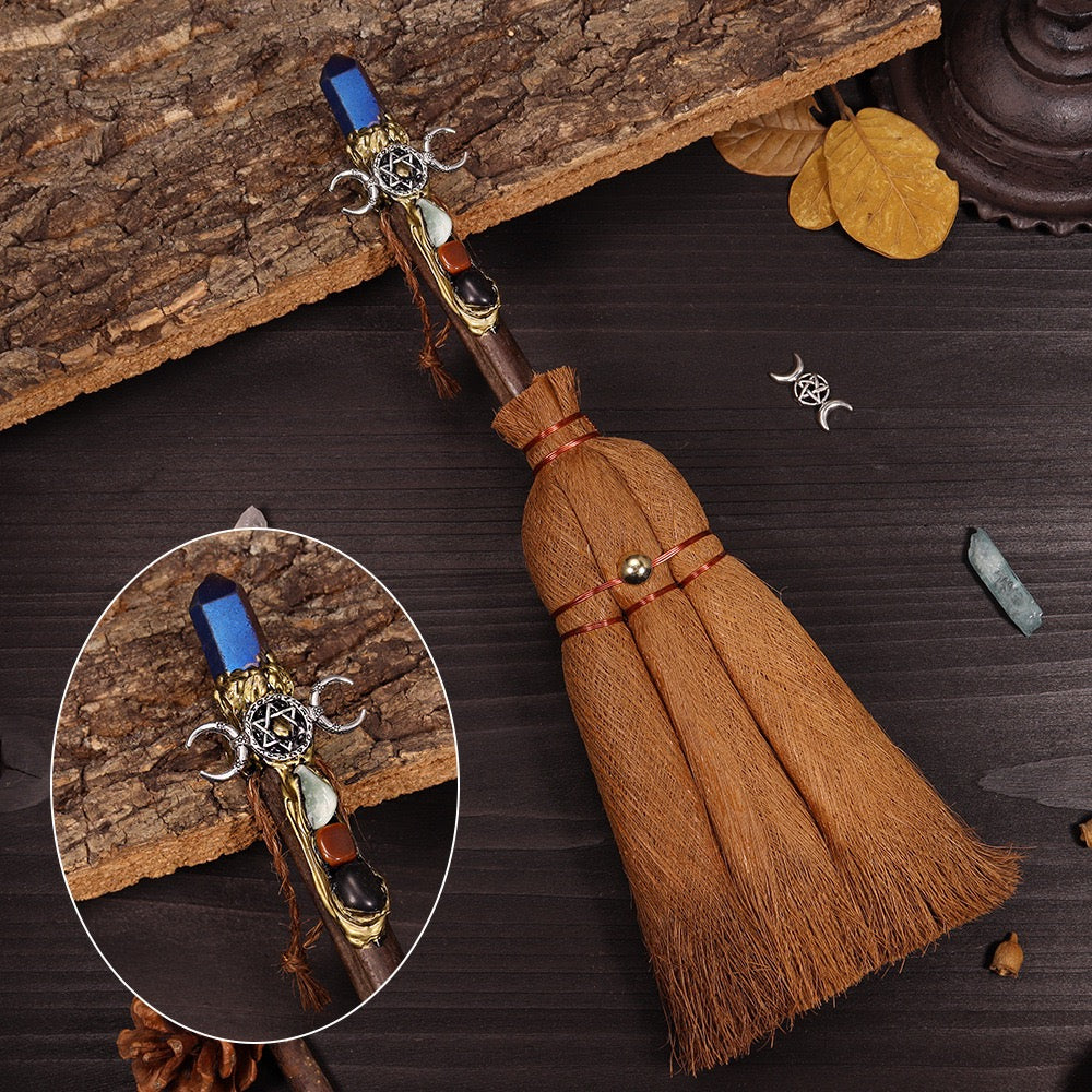 	Mystic broom with lapis lazuli, Triple Moon, and hexagram charm for intuition rituals