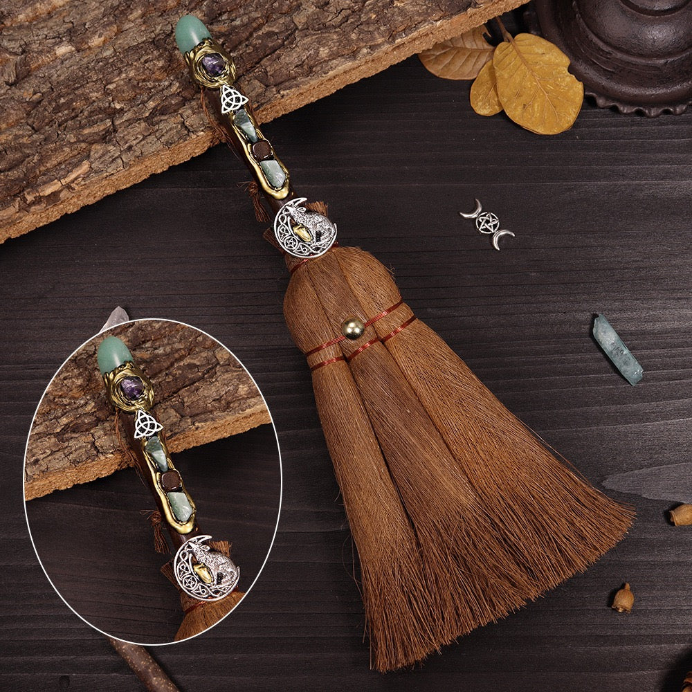 Green aventurine broom with Celtic knot and moon wolf charm for grounding energy