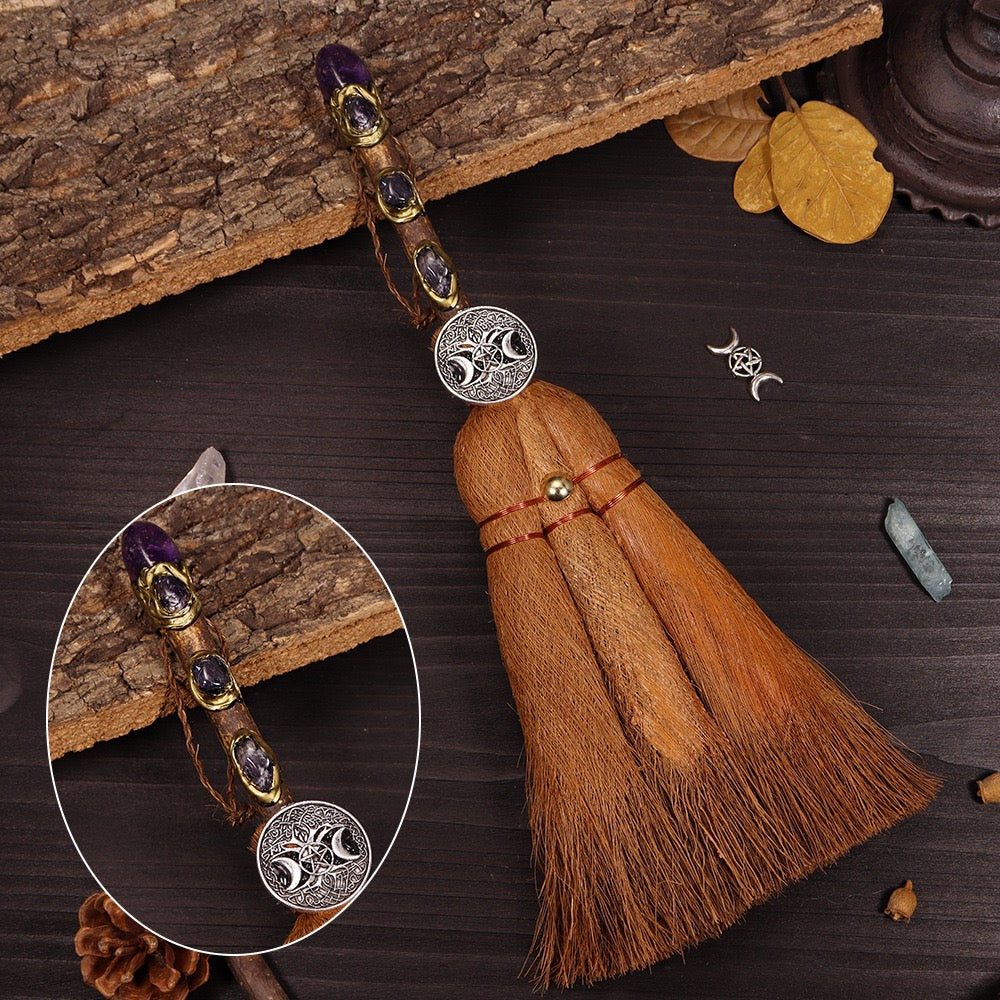 Witch broom with amethyst and Tree of Life charm for spiritual cleansing