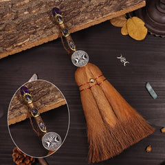 Witch broom with amethyst and Tree of Life charm for spiritual cleansing