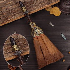 Obsidian witch broom with angel sword charm for powerful energy protection