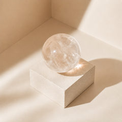 Clear Quartz healing crystal ball with natural internal inclusions on cream display stand in warm sunlight