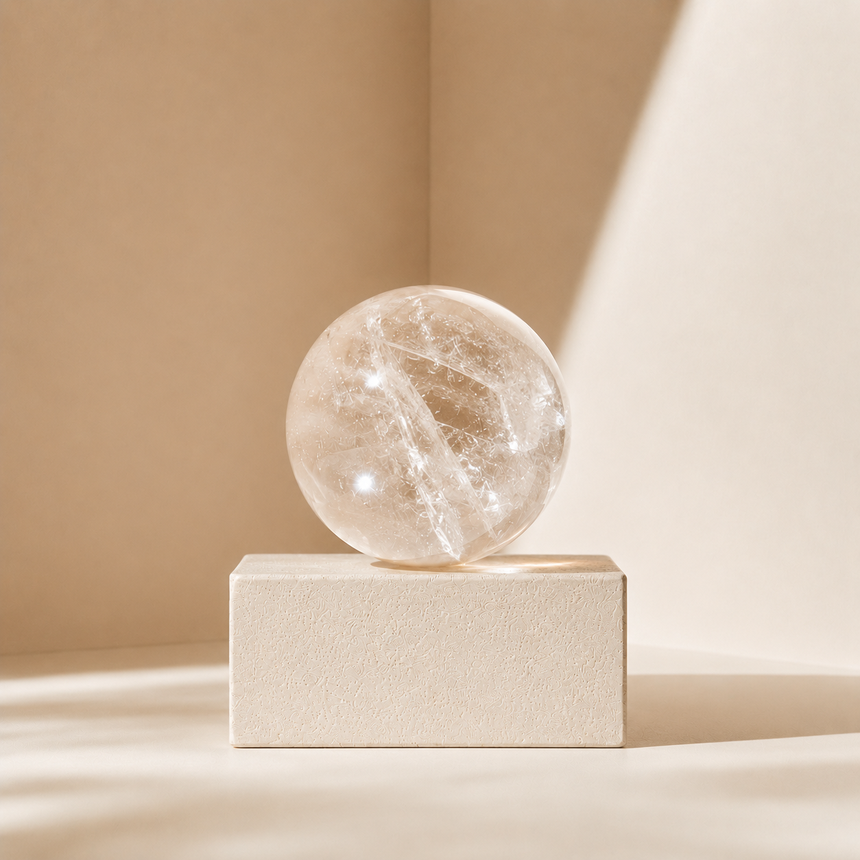 Natural Clear Quartz sphere for clarity and energy cleansing displayed on minimalist stone block