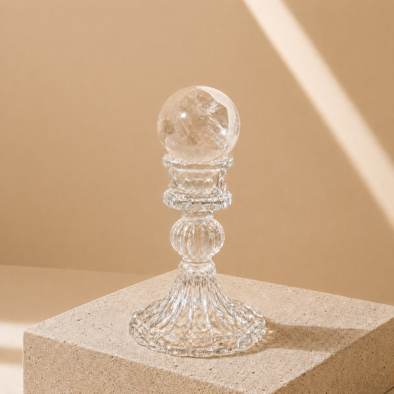 Natural Clear Quartz Crystal Sphere on transparent glass stand for clarity, energy cleansing, and meditation decor