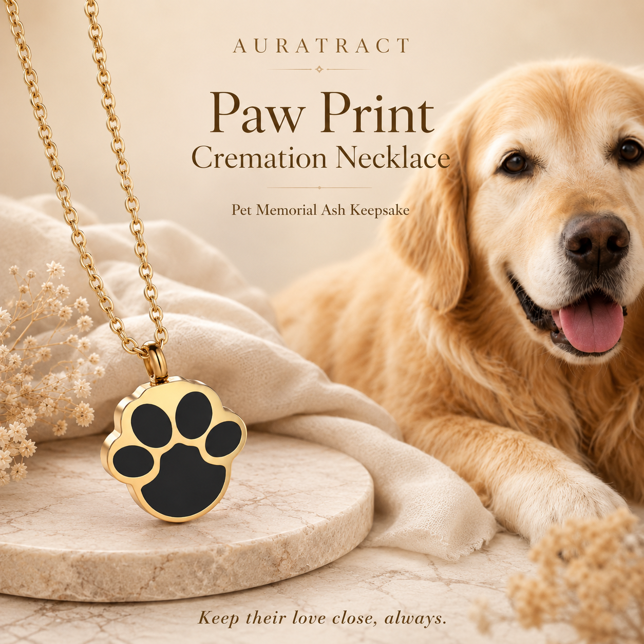 Pet memorial ash keepsake necklace with gold paw print pendant and golden retriever in soft neutral setting