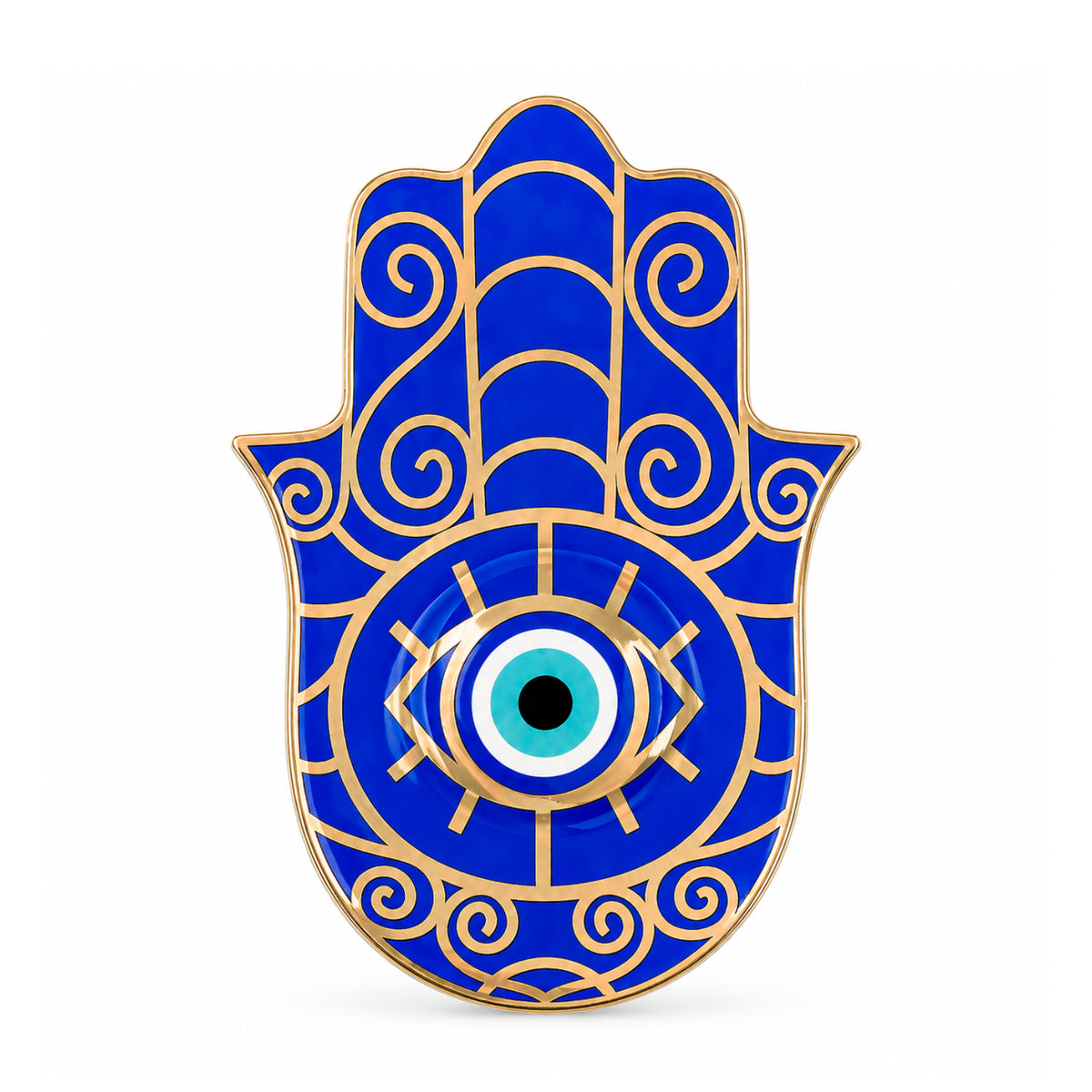 Blue Hamsa Evil Eye Ceramic Trinket Dish with protective eye symbol, glossy ceramic finish, and gold detailing.