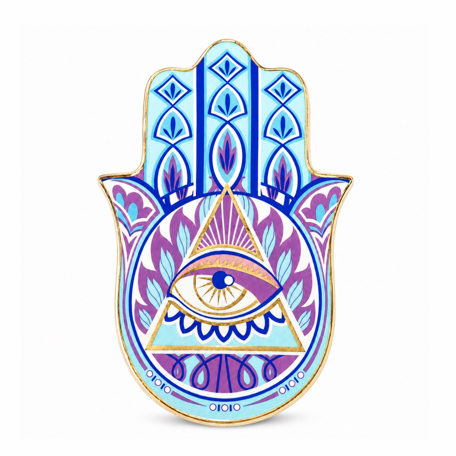 Mystic Hamsa Evil Eye Ceramic Trinket Dish with triangle eye symbol, blue purple design, and glossy ceramic finish for intuition decor.