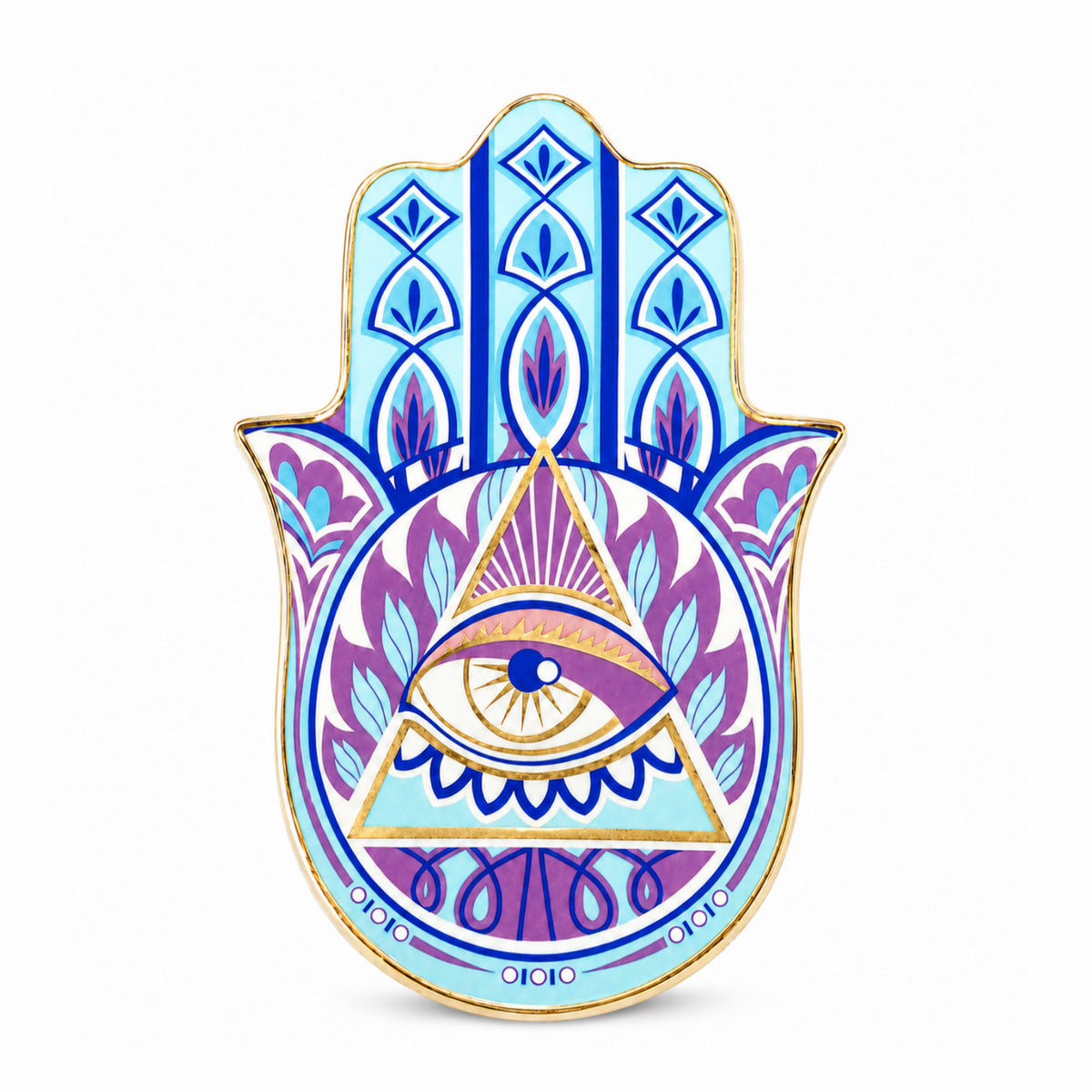 Mystic Hamsa Evil Eye Ceramic Trinket Dish with triangle eye symbol, blue purple design, and glossy ceramic finish for intuition decor.