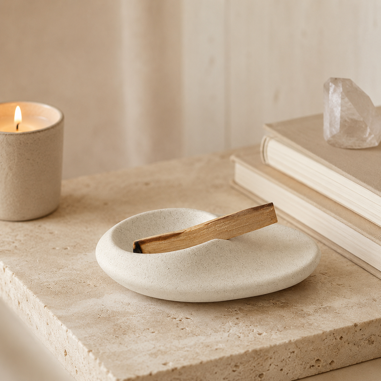 Ceramic Palo Santo and Sage Holder with textured white finish for crystal cleansing, smudging, and peaceful ritual decor.