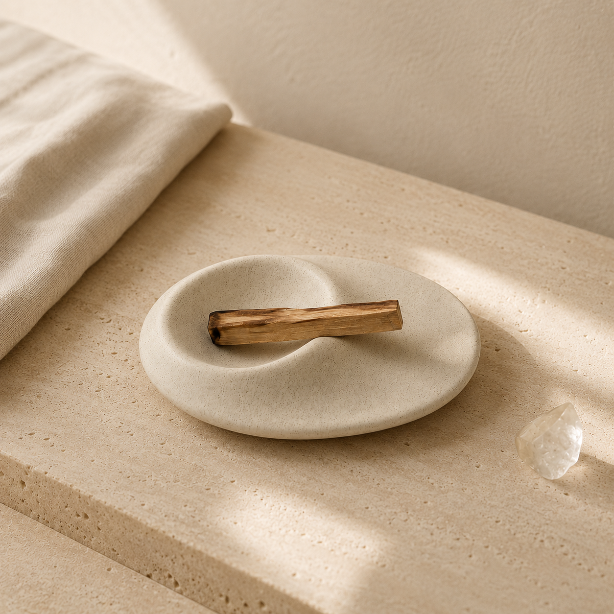 Textured Ceramic Smudge Burner with Palo Santo and clear quartz for crystal cleansing, meditation, and ritual decor.