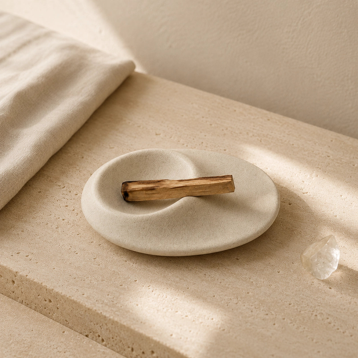 Textured Ceramic Smudge Burner with Palo Santo and clear quartz for crystal cleansing, meditation, and ritual decor.