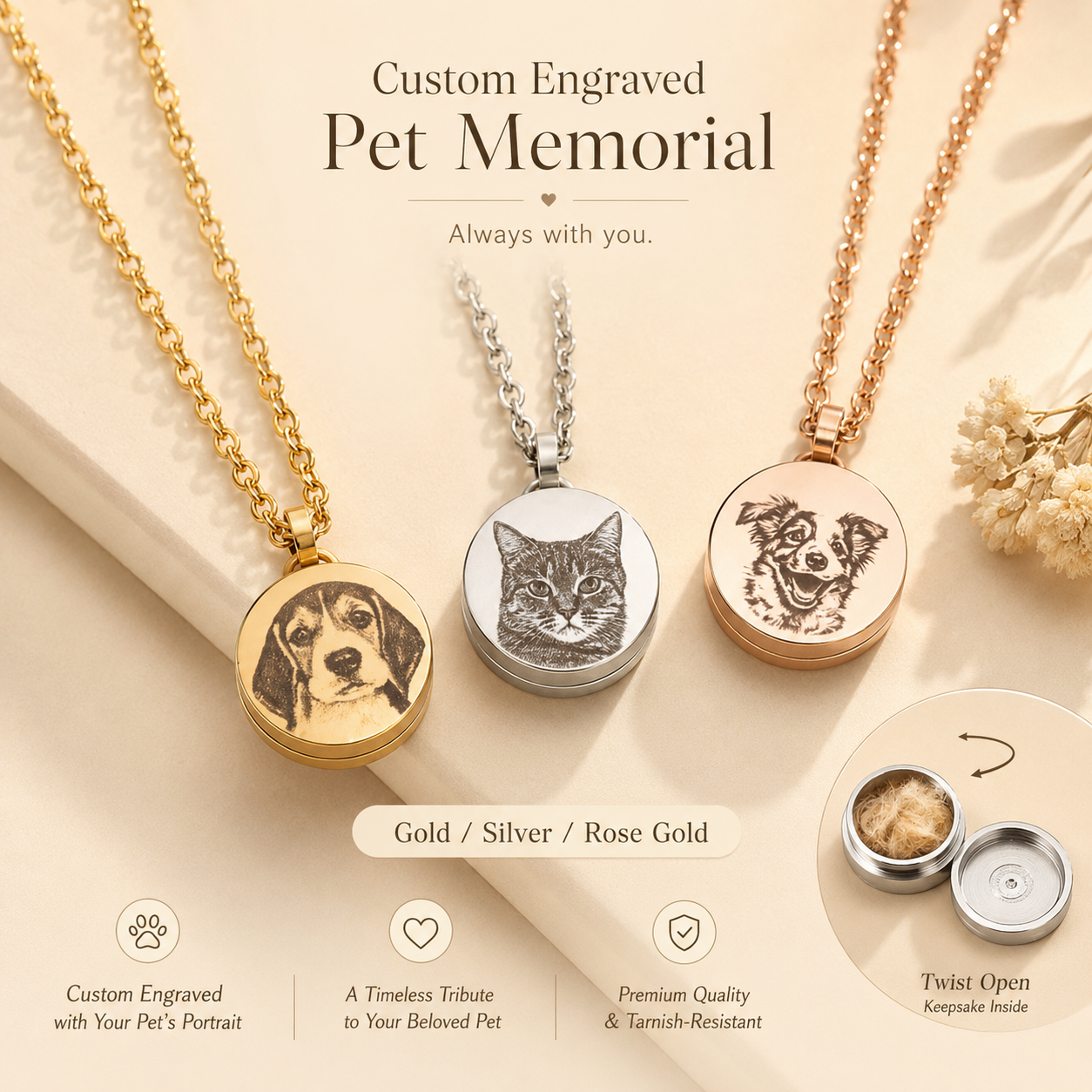 Custom engraved pet memorial necklace in gold, silver, and rose gold with twist-open keepsake pendant for pet fur.