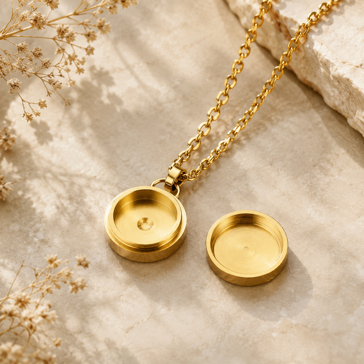 Gold custom pet memorial necklace with twist-open keepsake pendant for storing pet fur or tiny memories.