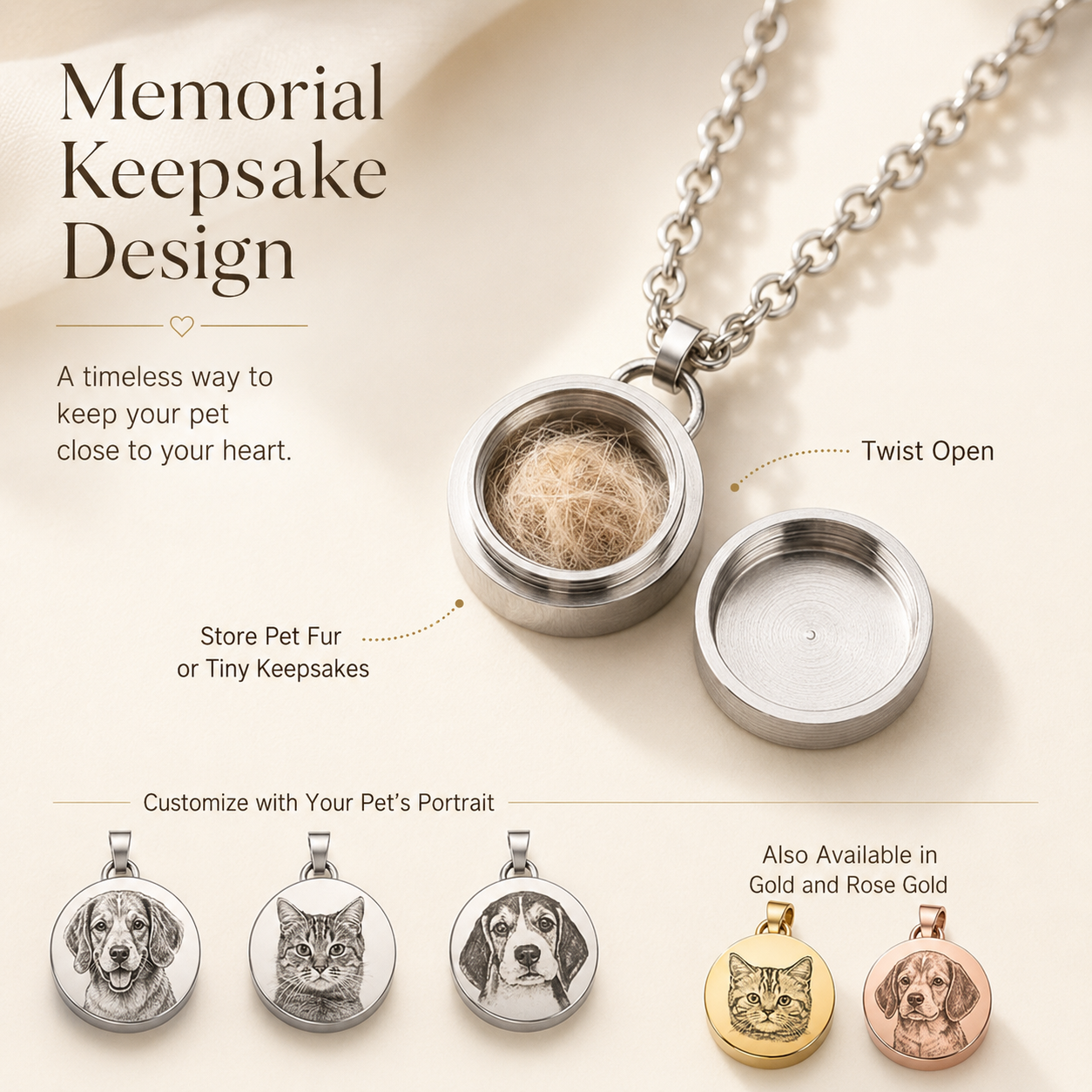 Pet memorial keepsake necklace with twist-open pendant designed to store pet fur or tiny keepsakes close to your heart.
