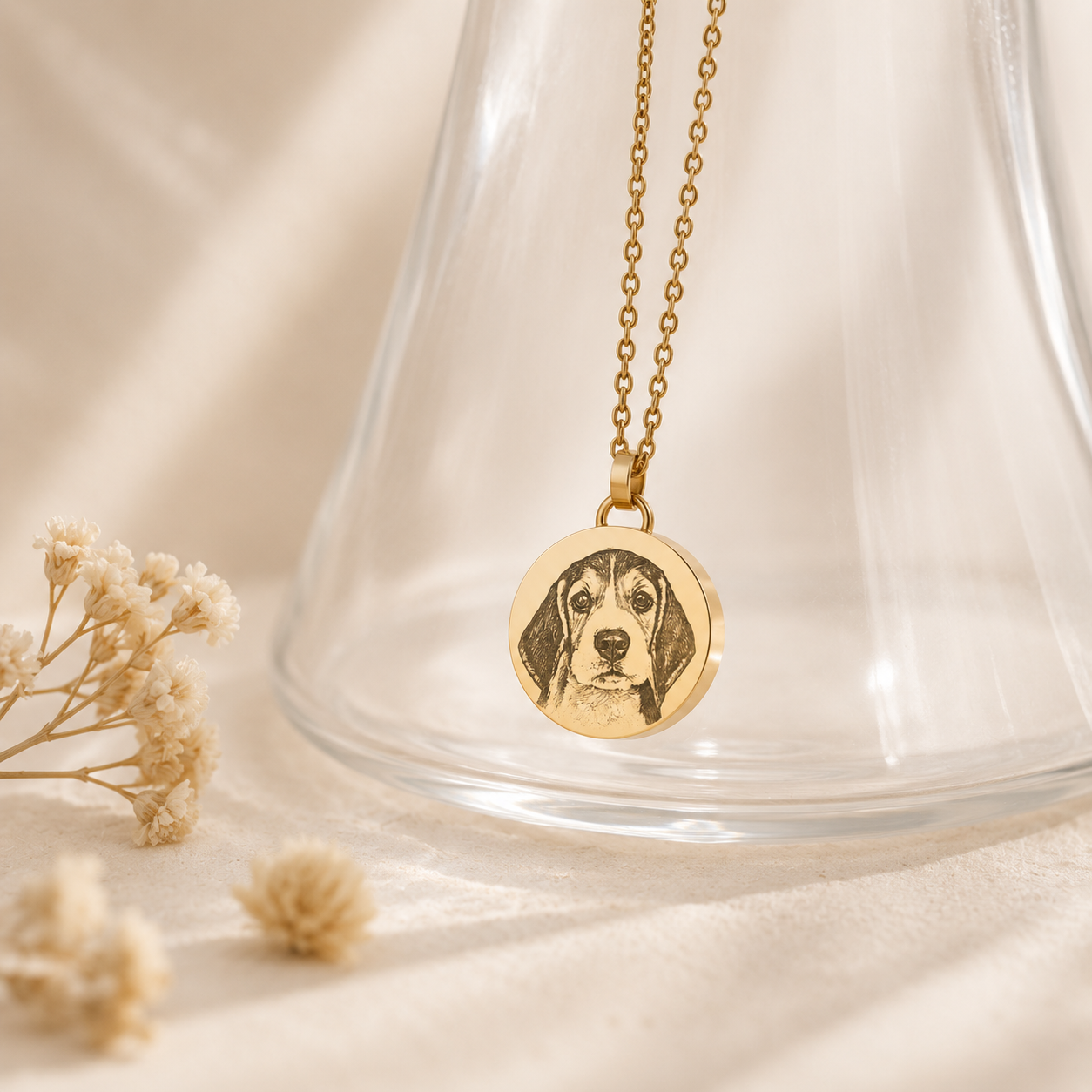 Gold custom pet memorial necklace with engraved dog portrait, round keepsake pendant, and 50cm chain.