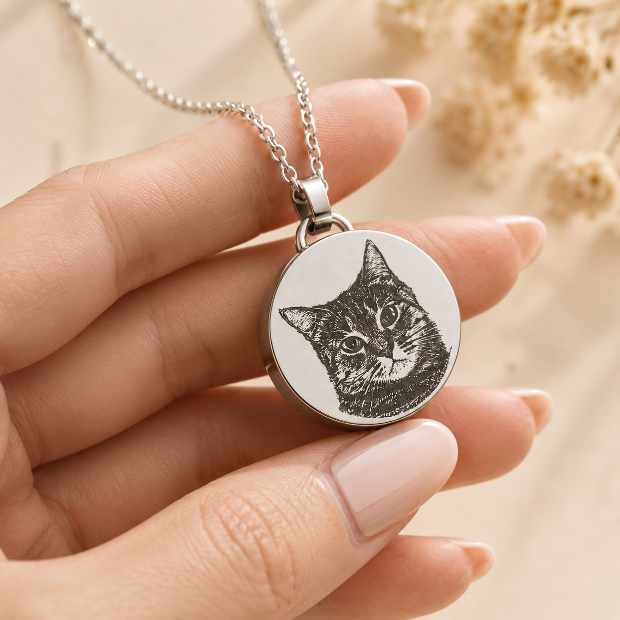 Silver custom pet memorial necklace with engraved cat portrait on a stainless steel keepsake pendant.
