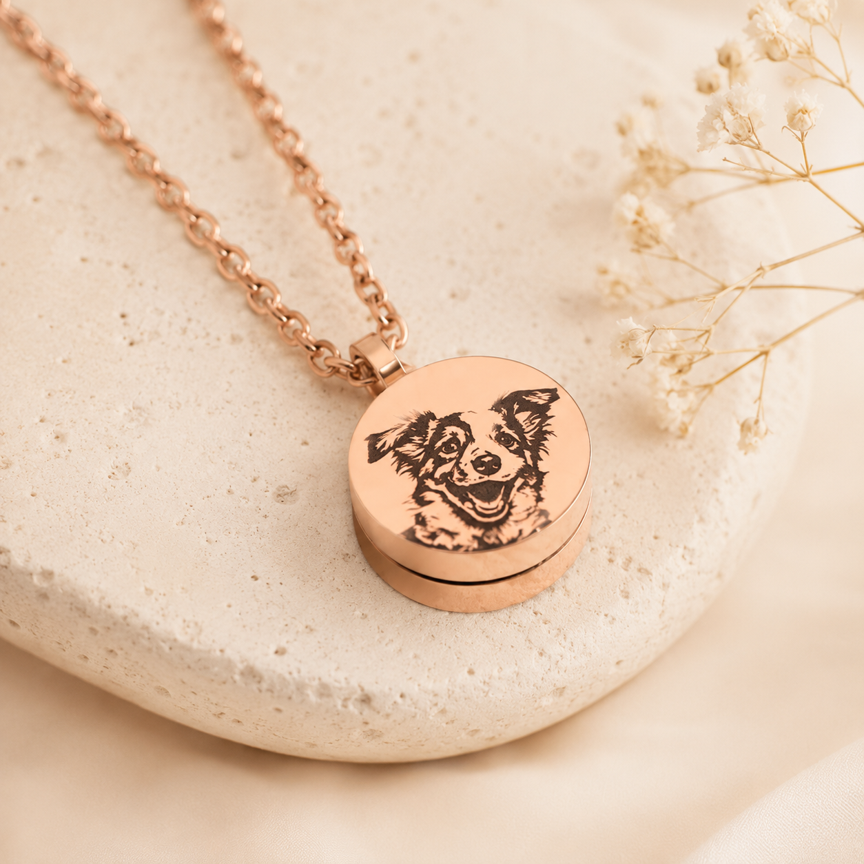 Rose gold custom pet memorial necklace with engraved dog portrait on a stainless steel keepsake pendant.