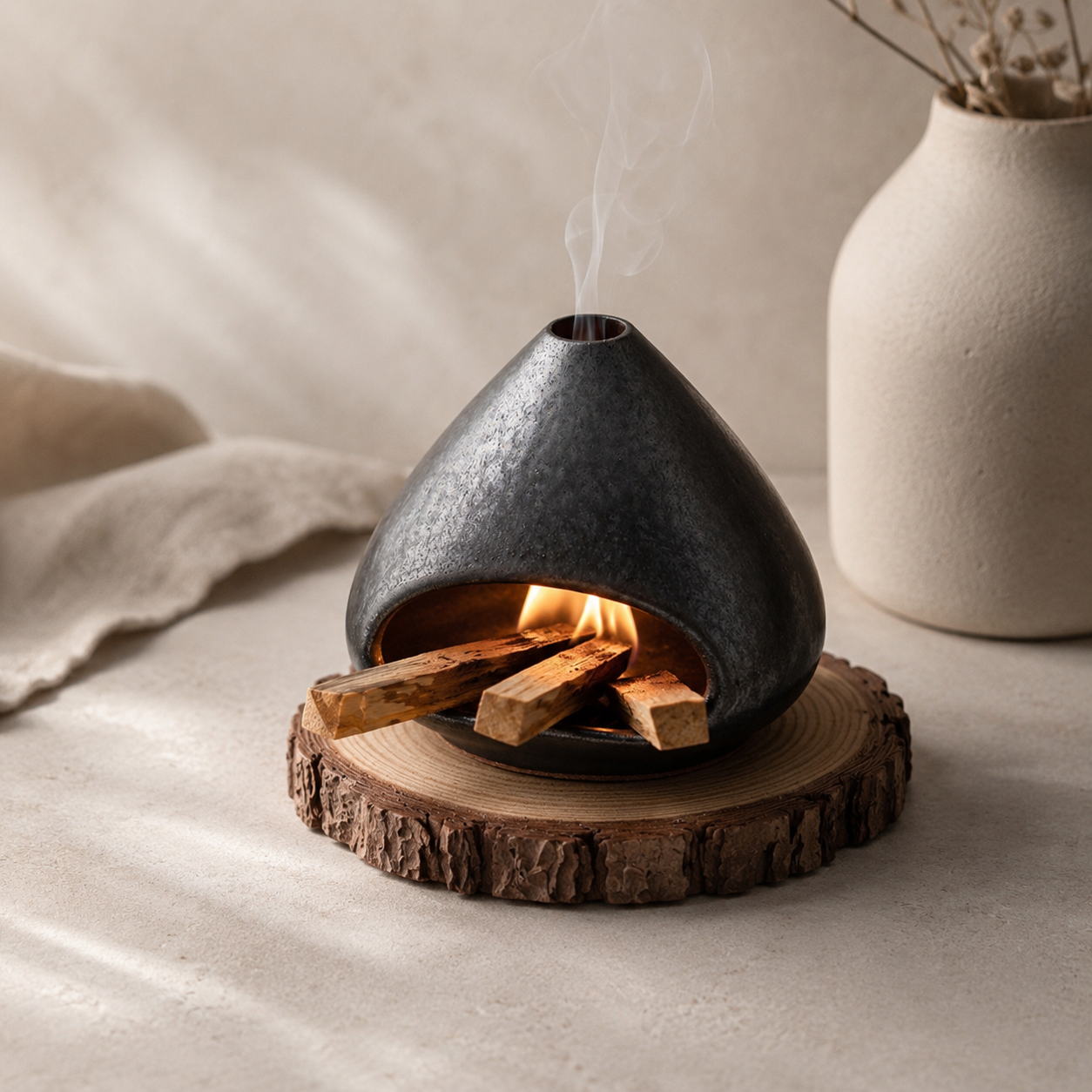 Black ceramic smudge burner with Palo Santo sticks, rising smoke, and rustic wood base for crystal cleansing and altar decor.