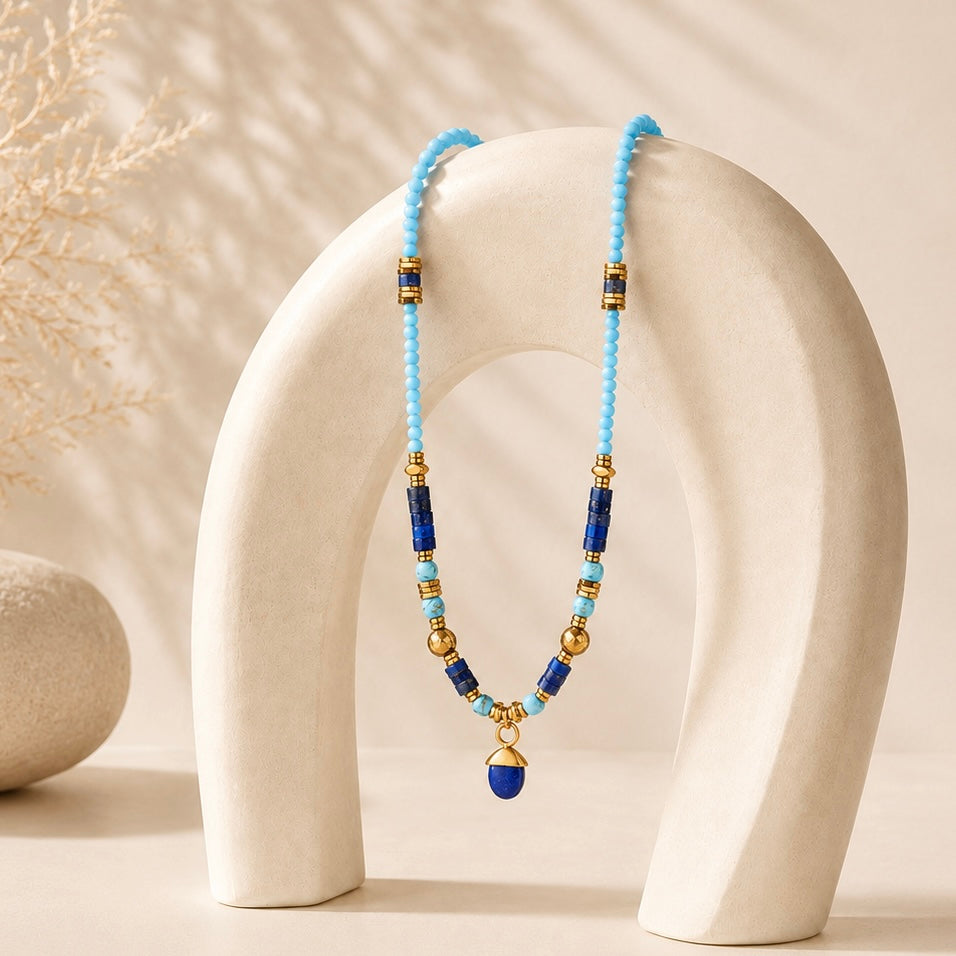 Lapis Lazuli + Turquoise crystal necklace Sunflower crystal necklace with natural stone details symbolizing protection clarity and emotional balance