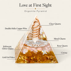 Love at First Sight orgonite pyramid with rose quartz, clear quartz, citrine, copper coil and gold-tone details