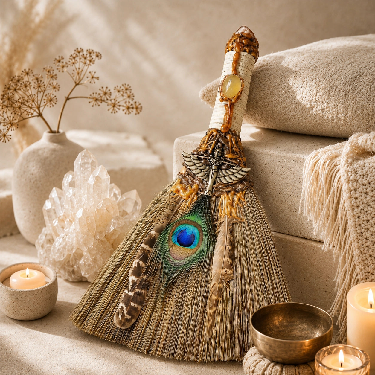 Handmade Peacock Feather Witch Broom | For Energy Cleansing