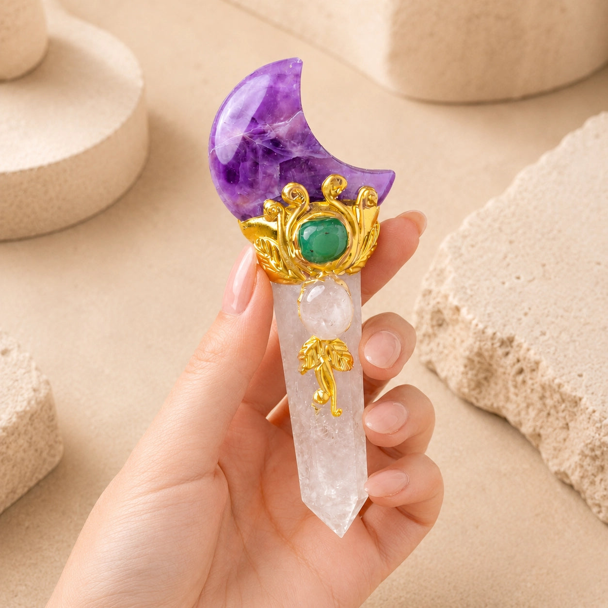 Close-up of a hand holding the Amethyst Moon Crystal Point, highlighting the intricate gold-tone leaves, green centerpiece, and clear quartz base.
