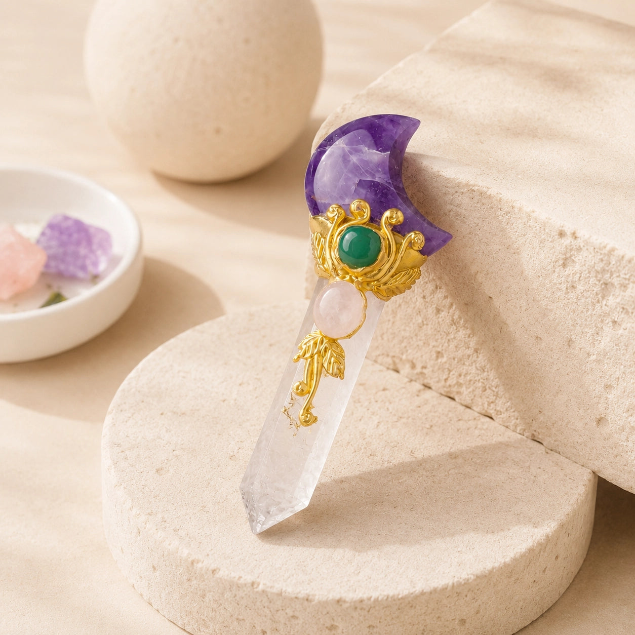 Amethyst crescent moon wand with clear quartz point and intricate gold detailing, resting on a natural beige display stone.
