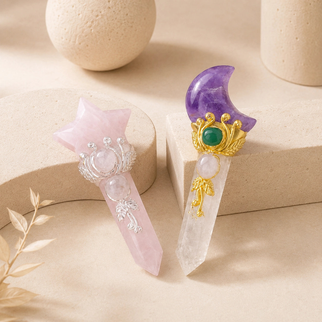 Comparison of two Star & Moon Crystal Points: a Rose Quartz star wand with silver details and an Amethyst moon wand with gold accents on natural stone.