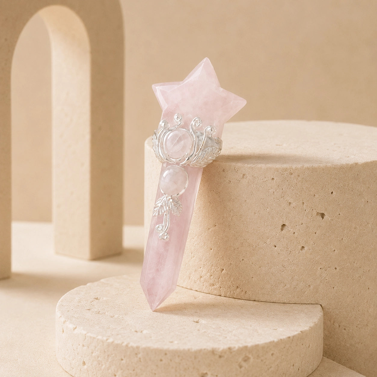 Natural Rose Quartz star crystal point with silver-tone moon detail for self-care, love, and emotional healing.