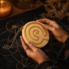 Close-up of Wooden Finger Labyrinth for tactile meditation, mindful breathing, and screen-free grounding.