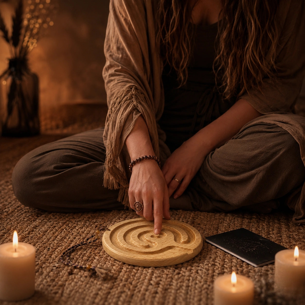 Wooden Finger Labyrinth used during meditation for quiet reflection, relaxation, and everyday calm.