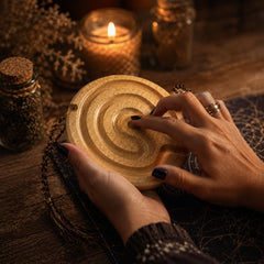 Wooden Finger Labyrinth held in hands for mindful breathing, grounding, and calm focus.