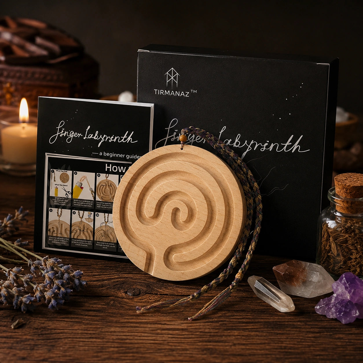 Wooden Finger Labyrinth with gift box and guide for mindfulness, meditation, and calming daily rituals.