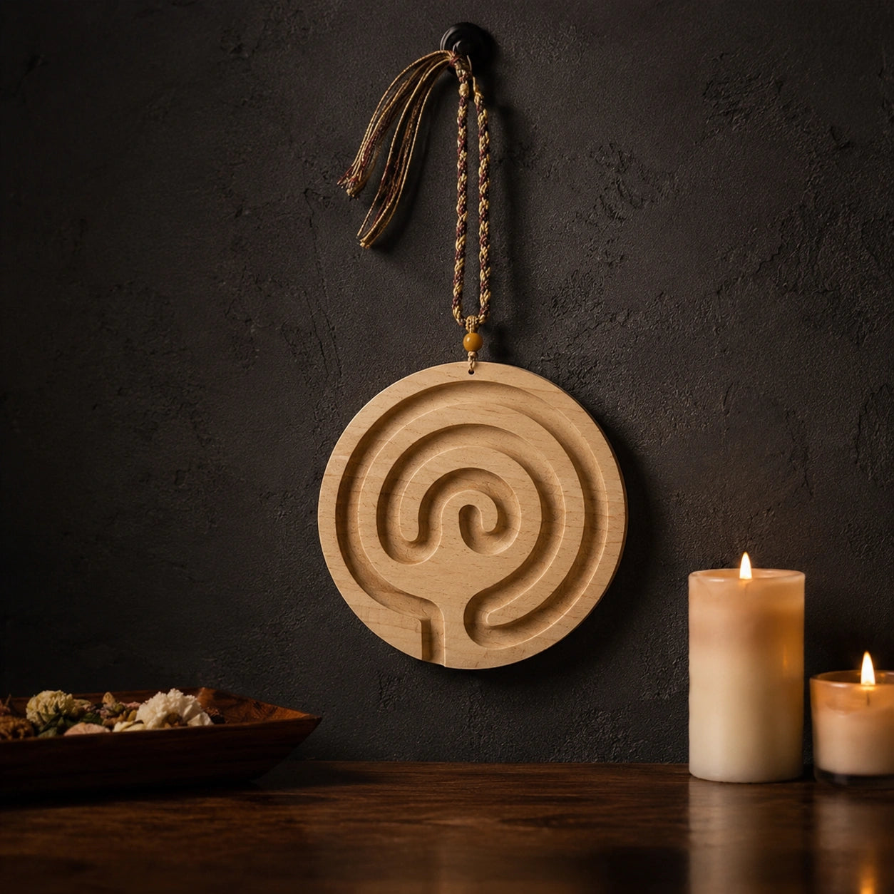 Hanging Wooden Finger Labyrinth with tassel rope for calm focus, grounding, and mindful home decor.