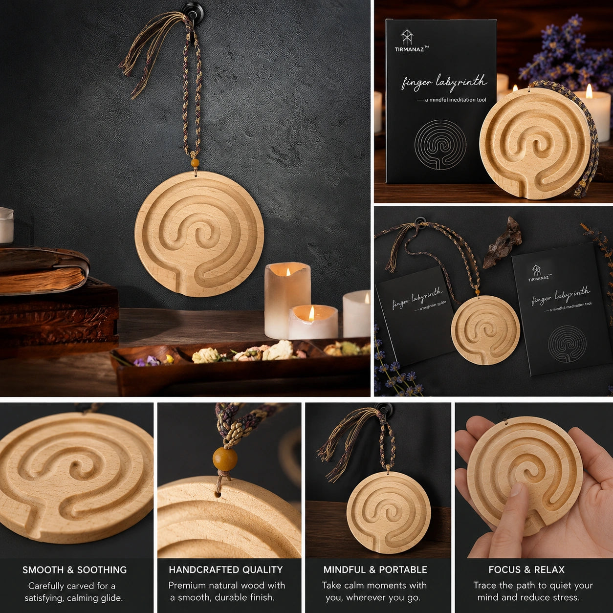 Wooden Finger Labyrinth for mindful breathing, calm focus, meditation, and screen-free grounding.